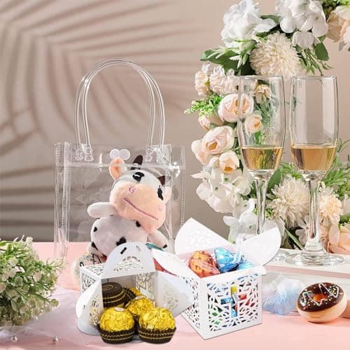 HEKOBAG 50 Pièces Boites à Dragées, Boîte à Bonbon Mariage avec 50 Rubans, Boîte Cadeau Mariage, Petite Boîte Emballage Cadeau pour Mariage, Communion, Baptême, Baby Shower, Noël (5x5x8cm)