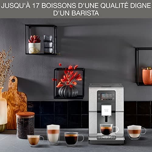 KRUPS Machine à café grain, Pression 15 bars, 17 boissons, Cafetière grain avec broyeur, Système One Touch Cappuccino, Écran tactile, Voyants lumineux, Intuition Expérience, Noir EA876D10
