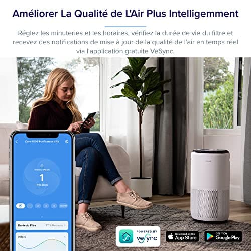 LEVOIT Purificateur d'Air avec Senor, Air Purifier avec HEPA jusqu'à 83m2 CADR 400m3/h, Intelligent Compatible avec Alexa, Mode Auto, Affichage PM2.5, Élimine 99,97% de Particules Core 400S