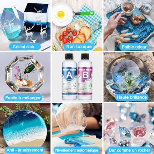 OFCIIN Resine Epoxy Transparente Kit 400ml, Kit Résine Epoxy Avec Colorant, Paillette, 1: 1 Ratio Revêtement en Résine Coulée Cristalline, Pour Bois, Fabrication de Bijoux, Décoration Artisanale