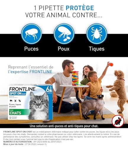 FRONTLINE Spot On Chat - Anti Puces, Tiques & Poux broyeurs - Protège L'Animal pendant 4 semaines contre les Puces, 2 semaines contre les Tiques - Fabriqué En France - 6 Pipettes Application Spot On