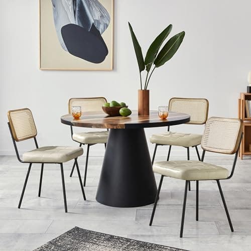 Zouron Chaises de Salle à Manger en rotin Lot de 2,Chaise de Salle à Manger Moderne du Milieu du siècle avec Pieds en métal,Chaise de Cuisine avec Dossier en rotin,Chaise en Cuir rembourré,Beige