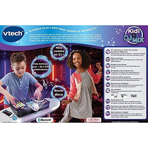 VTech - Kidi DJ Mix, Platine DJ Enfant 12 en 1, Table de Mixage Bluetooth avec Pads Lumineux, Boule Disco, Prise Jack pour Casque, Apprentissages et Jeux, Cadeau Enfant Dès 6 Ans - Contenu en Français