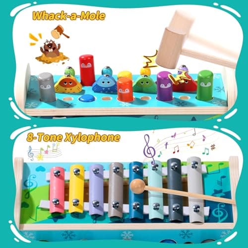 funsonjoy Jouet Bebe 1 An Fille, Jouet Enfant Montessori 1 An, Cadeau Enfant Bebe 1 2 3 An Fille Garcon, 6 en 1 Jeux Bois Bebe 1 An avec Jeu de Taupe & Jeu de Pêche & Xylophone Bebe & Horloge Jeu 1 An