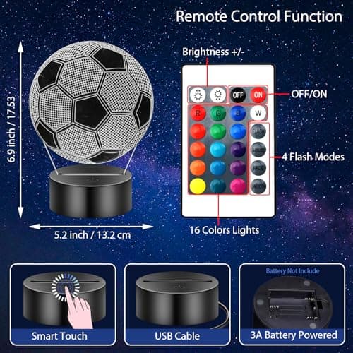 Gbivbe Cadeau Foot Garcon, Veilleuse Football Lampe 3D pour Enfants, 16 Couleurs LED Illusion Veilleuse avec télécommande, Cadeau pour Anniversaire Fan Garcon 7.8.9.10.11.12 Ans
