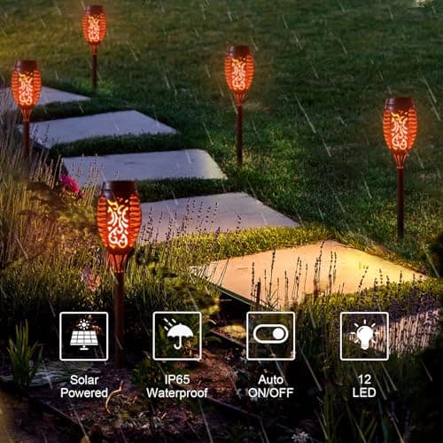LQWELL Lampes solaires pour jardin extérieur, paquet de 6 lampes solaires à 12 LED avec effet de flamme, torches de jardin étanches IP65, éclairage solaire (Blanc chaud 6 pièces)