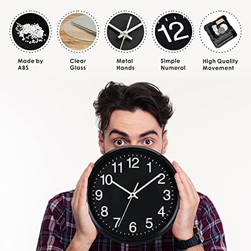 Plumeet Grande Horloge Murale, 25cm Horloge Murale Décorative de Qualité, Mécanisme Silencieux à Quartz, pour Maison/Cuisine/Bureau/École,Fonctionne sur Pile (Noir)