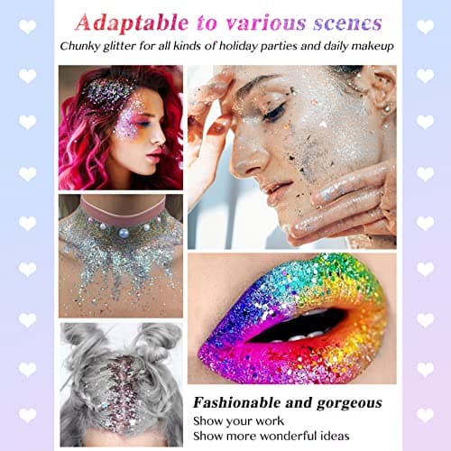 Getervb 3 Pièces Gel Paillettes Visage Festival Body Glitter Gel Paillette Cosmétique Chunky Glitter Liquide Paillette Maquillage Cheveux Ongles Lèvres Makeup (Blanc+Argent+Champagne)