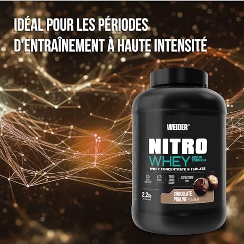 Weider Nitro Whey Super Formula (2,2kg) Goût Chocolat Praliné. 22g/dose Concentré et Isolat de Protéines de Lactosérum + 4,7g BCAA/dose, L-Glutamine et Vitamine B6, Sans Sucres Ajoutés, Sans Aspartame