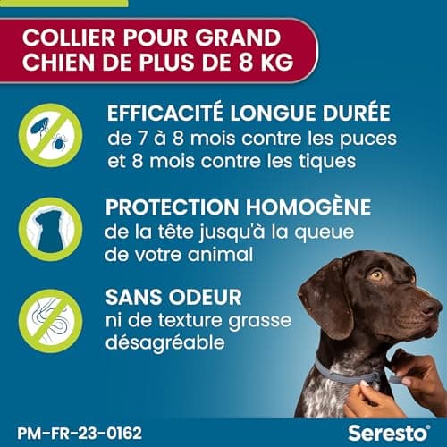 Seresto Collier Grands Chiens – Collier anti puces et anti tiques pour grands chiens de plus de 8 kg – Collier Seresto pour chien 7 à 8 mois de protection, réduit le risque de leishmaniose – Gris