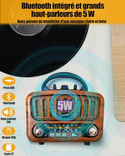 Poste Radio Portable avec Haut-Parleur Bluetooth, AM/FM/SW Petite Radio Vintage avec Haut-Parleur 5W et Bluetooth 5.0, Transistor Radio a Pile avec Fonction USB/TF/AUX (Or)