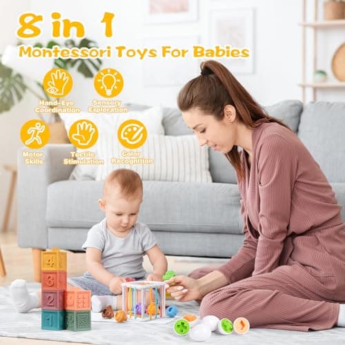 Richday 8 in 1 Montessori Jouets pour Enfants pour 6-12-18mois Empilage Blocs de Construction Corbeille Sensorielle Jouets de Dentition neonati Ragazze Ragazzi giocattoli Regali.