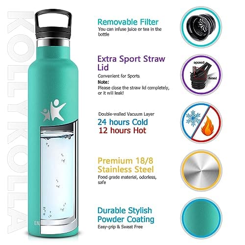 KollyKolla Bouteille Isotherme 1L, Gourde Inox avec en Paille, Bouteille d'eau sans BPA, Réutilisable, Anti-Fuite, Gourde Acier Inoxydable pour Enfant, Adultes, Sport, Cyclisme, École - 2 Couvercles
