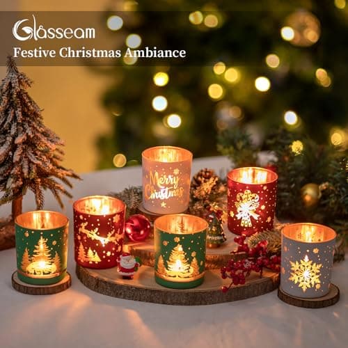 Glasseam Bougeoir De NoëL en Verre : Lot De 6 Bougies Chauffe-Plat Rouge Vert Blanc Bougies Chauffe-Plat De NoëL Bougies Votives DéCoratives pour Centres De Table DéCorations De FêTe Cadeau