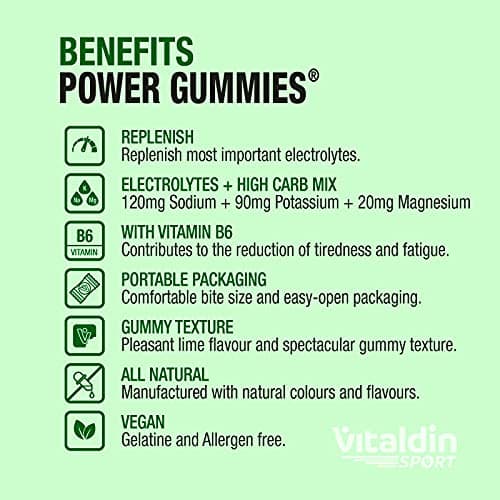 VITALDIN SPORT Power Gummies Electrolytes – Équilibre électrolytique –120 mg Sodium, 90 mg Potassium, 20 mg Magnésium par dose + Vitamine B6 – Doypack 30 Gommes – Bites Goût Citron Vert – Vegan