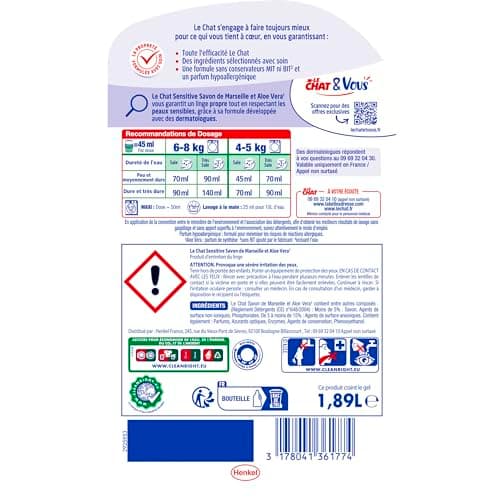 LE CHAT - Sensitive - Savon de Marseille & Aloe Vera - Respecte les Peaux Sensibles - 85% d'ingrédients d'origine naturelle - Parfum Hypoallergénique - Développé avec des Dermatologues - 42 Lavages