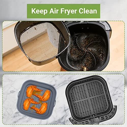 Alyvisun Moule Silicone Air Fryer, 2 Pièces Panier Moule pour Friteuse à Air Chaud Réutilisable Airfryer Pot Plat Carré Pliable Doublure Liner pour Friteuse Air, Micro-ondes, Four (Bleu+Gris)