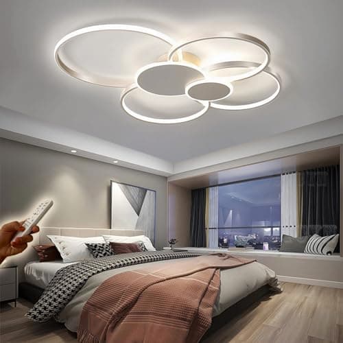 WJYCYN Dimmable Grand salon lampe LED 6 anneau Blanc plafonnier Luminaires de chambre modernes avec télécommandes éclairage de plafond métal acrylique bureau salle à manger 6 Lumières L80cm 70W