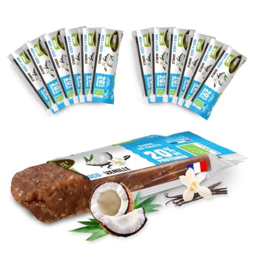 Gourmiz barres de fruits protéinées - 12 x 40gr - (20% de protéines), barre protéinée énergétique bio, dattes, noix de coco, & vanille, snacks vegan, proteine & sans gluten, protein bar