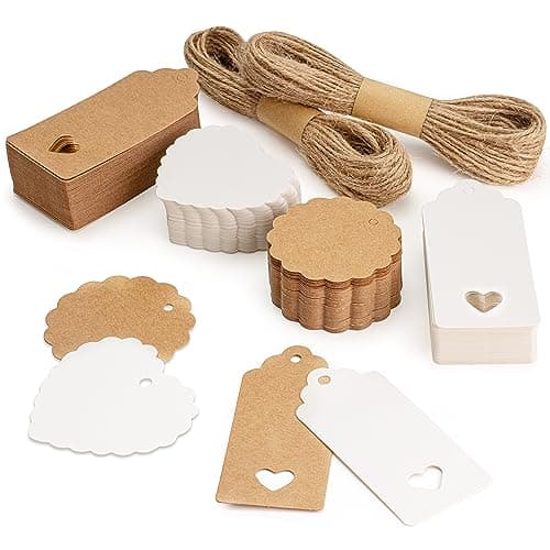 Étiquette cadeau 200PCS étiquette en papier kraft de brun et blanc,Étiquettes vierges en rectangulaire en forme de cœur de ronde,étiquette pour mariage cadeau Noël party,30m Ficelle de jute