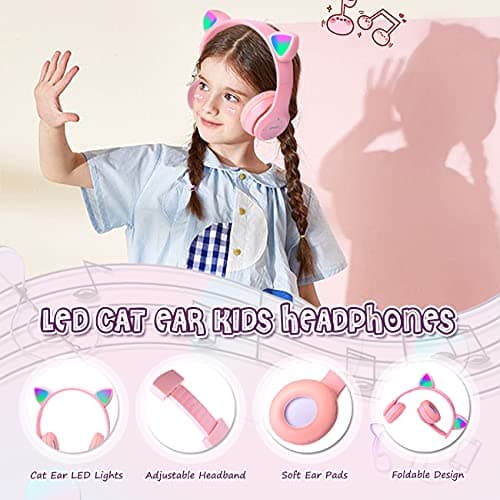 Casque pour Enfants sans FI, Megadream Casque Cat Pliable avec LED Flash Lumières Glow pour Enfants 8+, 3.5mm Jack, SD Carte Slot pour PC, Tablette, Smart Phone (Rose)