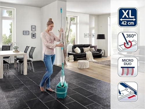 Leifheit Set Combi Clean XL, seau et balai essoreur faciles d'utilisation, balais serpillière avec mécanisme d'essorage intégré, kit de lavage sol vert