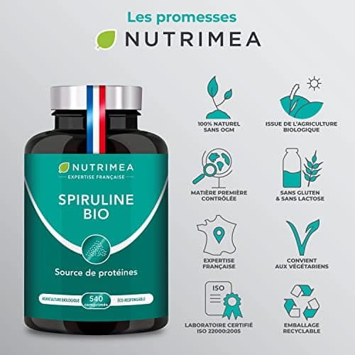 Spiruline BIO - Sans Excipients & OGM - 19% de Phycocyanine - Riche en Protéines, Fer & Antioxydants - Nutrimea - 540 Comprimés Vegan de 500 mg - 6 Mois de Cure - Fabriqué en France