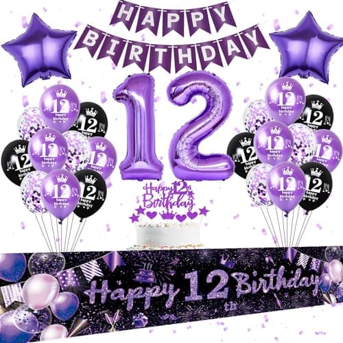 Décoration Anniversaire 12 Ans Fille - Bannière, Ballons, Topper Gâteau Violet