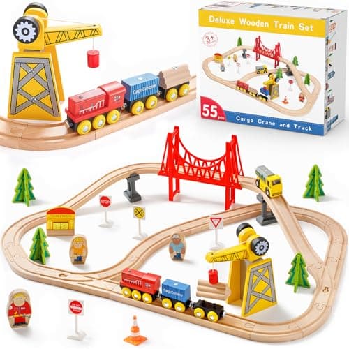 Tiny Land 55 Pcs Circuit Train en Bois, Train Enfant with Grue, Train et Piste Compatible avec Brio Compatible avec Thomas et Grandes Marques Mainstream, Train Jouet pour Enfants 2~5 Ans