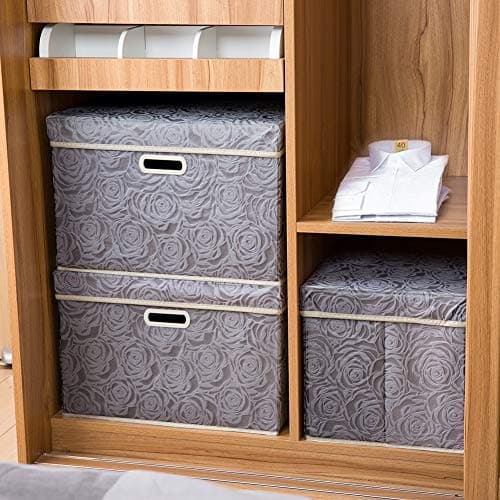 Prandom Grandes boîtes de rangement pliables avec couvercles [3 paquet] Organisateur de cube de bac de rangement décoratif en tissu, gris 43 x 30 x 30 cm
