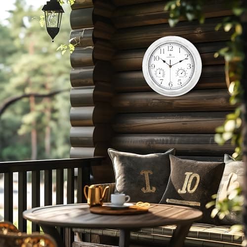 Lafocuse 30cm Horloge Murale Exterieure Etanche avec Thermomètre et Hygromètre, Vintage Blanc Pendule Murale Retro, Silencieuse Shabby Chic Deco pour Extérieur, Jardin, Balcon, Salle de Bain, Cuisine