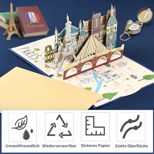 joyoldelf Carte Voeux de Voyage Pop Up - Carte Anniversaire 3D, Carte Retraite, Cadeau Voyage Vacances, Billet Avion, Convient Aux Hommes, Femmes, Amis, Voyage, Lune De Miel(Tour de Paris)