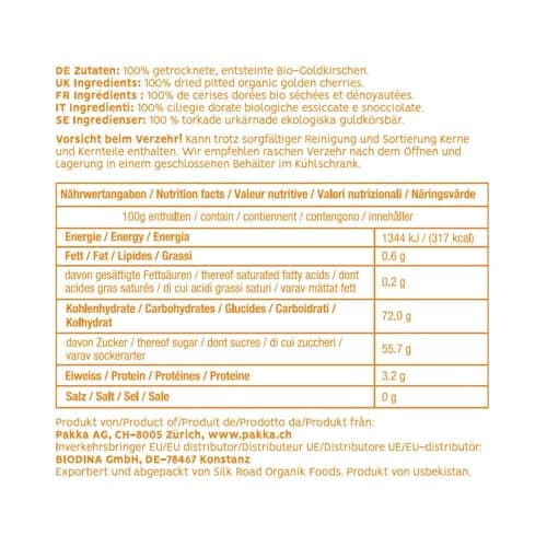PAKKA - Cerises dorées bio commerce équitable, 500g, séchées au soleil, cerises jaunes sauvages, non huilées, non sucrées, directement des petits producteurs de Samarkand, Ouzbékistan, 500g