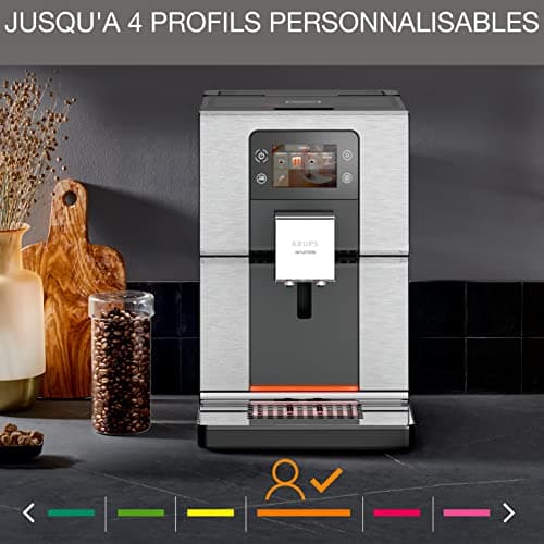 KRUPS Machine à café grain, Pression 15 bars, 17 boissons, Cafetière grain avec broyeur, Système One Touch Cappuccino, Écran tactile, Voyants lumineux, Intuition Expérience, Noir EA876D10