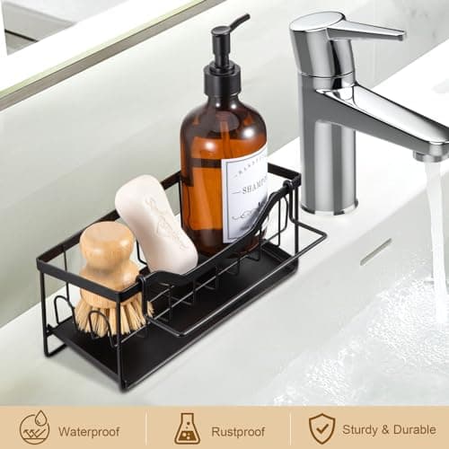 Sinnsally Organisateur Evier Cuisine,Porte Eponge Evier Cuisine avec Vidange Automatique,Rangement Eponge Evier Cuisine,Organisateur d'évier,Repose Eponge,Support Eponge évier en Acier Inoxydable,Noir