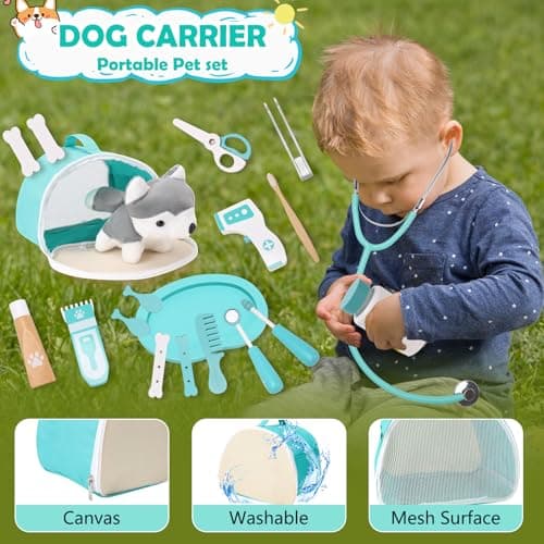 TGTT Castle Malette Docteur Enfant, Vétérinaire Enfant en Bois, Malette Docteur avec Chien la Peluche, Docteur avec Robe de Médecin et Chapeau, pour Fille Garcon 3+ Ans