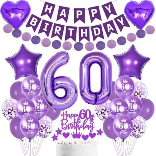 Violette 60 ans décorations anniversaire Femme, Décoration fête 60 ans Femme, anniversaire,Violet Décoration anniversaire 60 ans Femme,Ballons 60 ans anniversaire Décoration Femme Violet