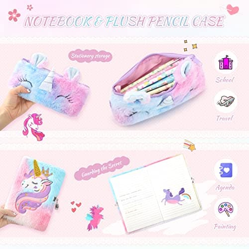 Anyfirst Licorne Journal Intime Fille en Peluche avec Clé et Cadenas, Set de A5 Carnet Secret Fille Comprend Trousses à Crayons, Journal Intime comme Cadeau Licorne Fille 5-12 Ans, Multicolore