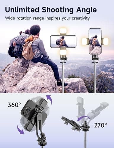 135CM Perche à Selfie Trépied avec 2 Lumière, Trépied pour Téléphone avec Télécommande Détachable, Portable Selfie Stick Trepied Extensible avec Vis de 1/4" Compatible pour iPhone/Android/GoPro/Camera