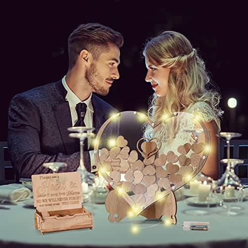 Arespark Livre d'or pour Le Mariage, Conjungo de décoration de Mariage en Bois Cœur, 100 Cœurs en Bois, boîte de Rangement,2 marqueurs,2 Barres Lumineuses, Cadeau, décoration
