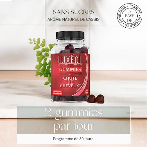 LUXÉOL - Gummies Chute Cheveux - Complément Alimentaire - Aide À Prévenir La Chute - Arômes Naturels Orange & Mandarine - Sans Sucres - Fabriqué En France - Programme 1 Mois - 60 Gummies