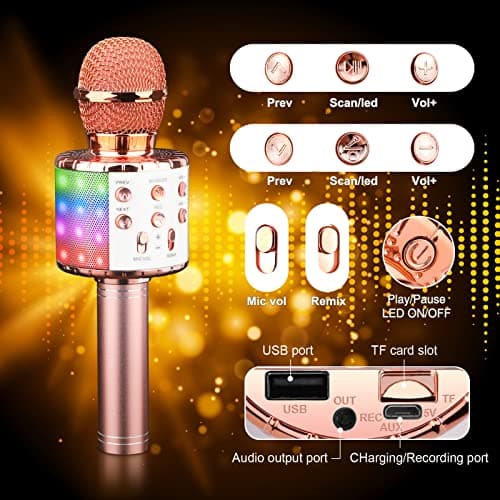 ShinePick Microphone Karaoke sans Fil, Micro Karaoké Bluetooth Portable avec LED Lumière Disco pour Enfants/Adultes Chanter, Compatible avec Android/iOS/PC/Smartphone (Or Rose)