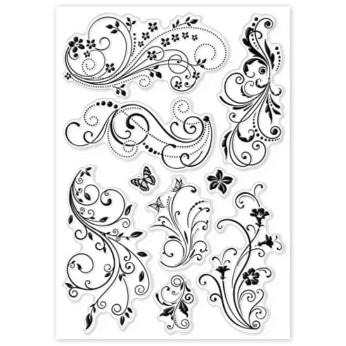 GLOBLELAND Fleur de Vigne Dentelle Tampons Transparents Décoratifs Flourish Papillon Silicone Transparent Timbre Joints pour la Fabrication de Cartes DIY Scrapbooking, 21x14.8cm/8.3x5.8inch