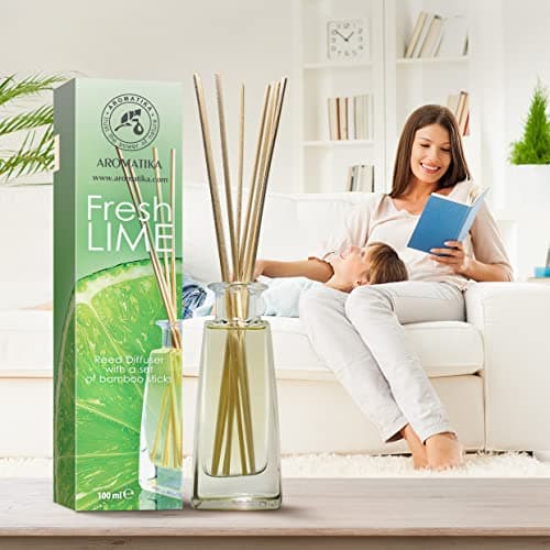 Diffuseur Parfum de Citron Vert 100ml - avec Huile Essentielle Naturelle de Lime avec 10 Bâtonnets de Bambou - Idéal pour Aromathérapie - Spa - Maison - Fragrance Fraîche et Durable
