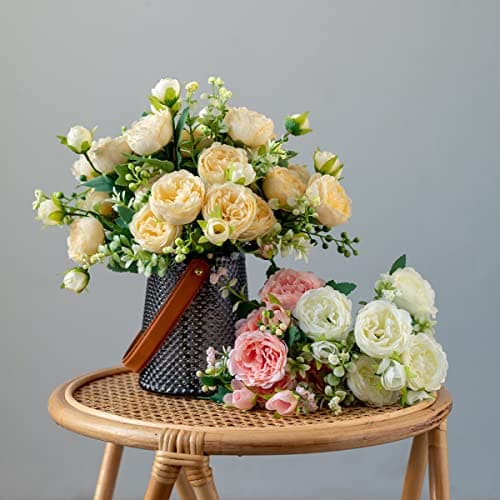 Hobyhoon Lot de 4 Bouquets de pivoines artificielles pour décoration de Vase, Mariage, décoration d'intérieur (Beige)