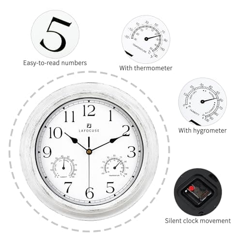 Lafocuse 30cm Horloge Murale Exterieure Etanche avec Thermomètre et Hygromètre, Vintage Blanc Pendule Murale Retro, Silencieuse Shabby Chic Deco pour Extérieur, Jardin, Balcon, Salle de Bain, Cuisine