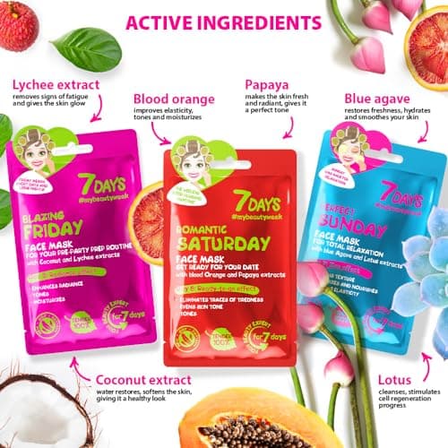 7Days Coffret Cadeau De Soins Pour Le Visage Avec Masques en Feuille - Ensemble De Masques En Tissu Hydratants, Nourrissants, Coffret Cadeau Beauté Avec Masque Visage Pour Femmes