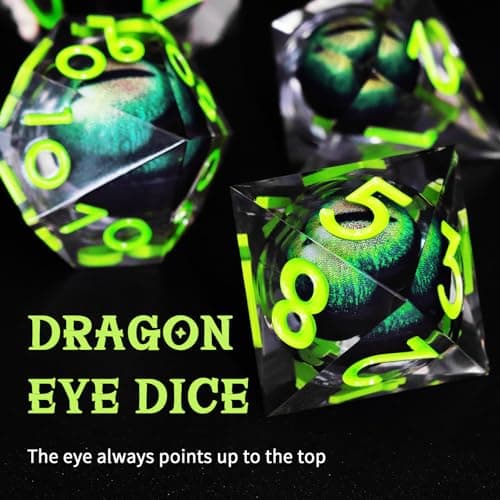 FONVGOGO Dés JDR Dés Jeu de Role pour Donjon et Dragon, Set de Dés JDR 7 Pièces Dés Œil de Dragon Mobile des Noyau Liquide Résine Polyédriques DND Dice Set (Vert)