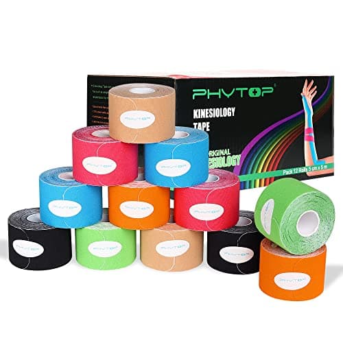 PHYTOP 12 rouleaux de Bande de Kinésiologie Prédécoupée – Tape Kinesiologie 5cm x 5m pour le genou, l'épaule et le coude, K Tape pour le soutien musculaire et la récupération après une blessure