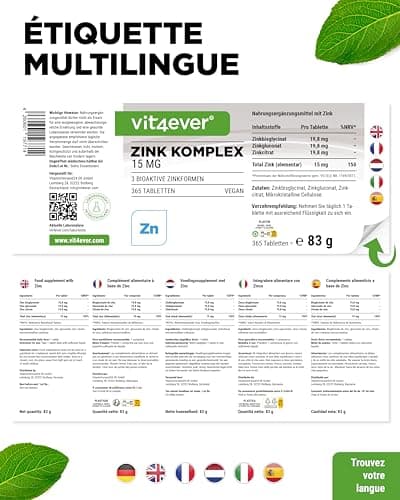 Complexe Zinc 15mg - 365 Comprimés - Avec 3 formes bioactives de zinc (bisglycinate de zinc, gluconate de zinc, citrate de zinc) - 1 an d'approvisionnement - Hautement dosé - Vegan